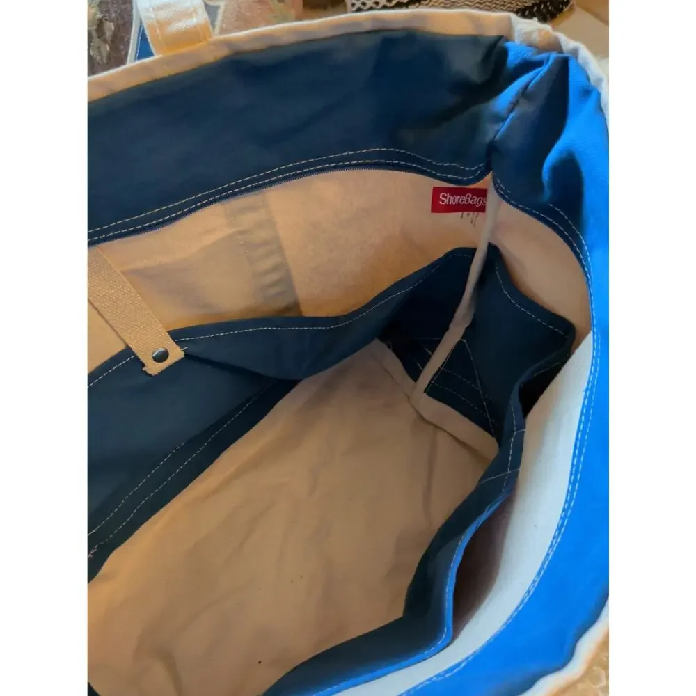ShoreBags Large Zip Top Canvas Boat Tote Bag Blue White Nautical Beach Travel